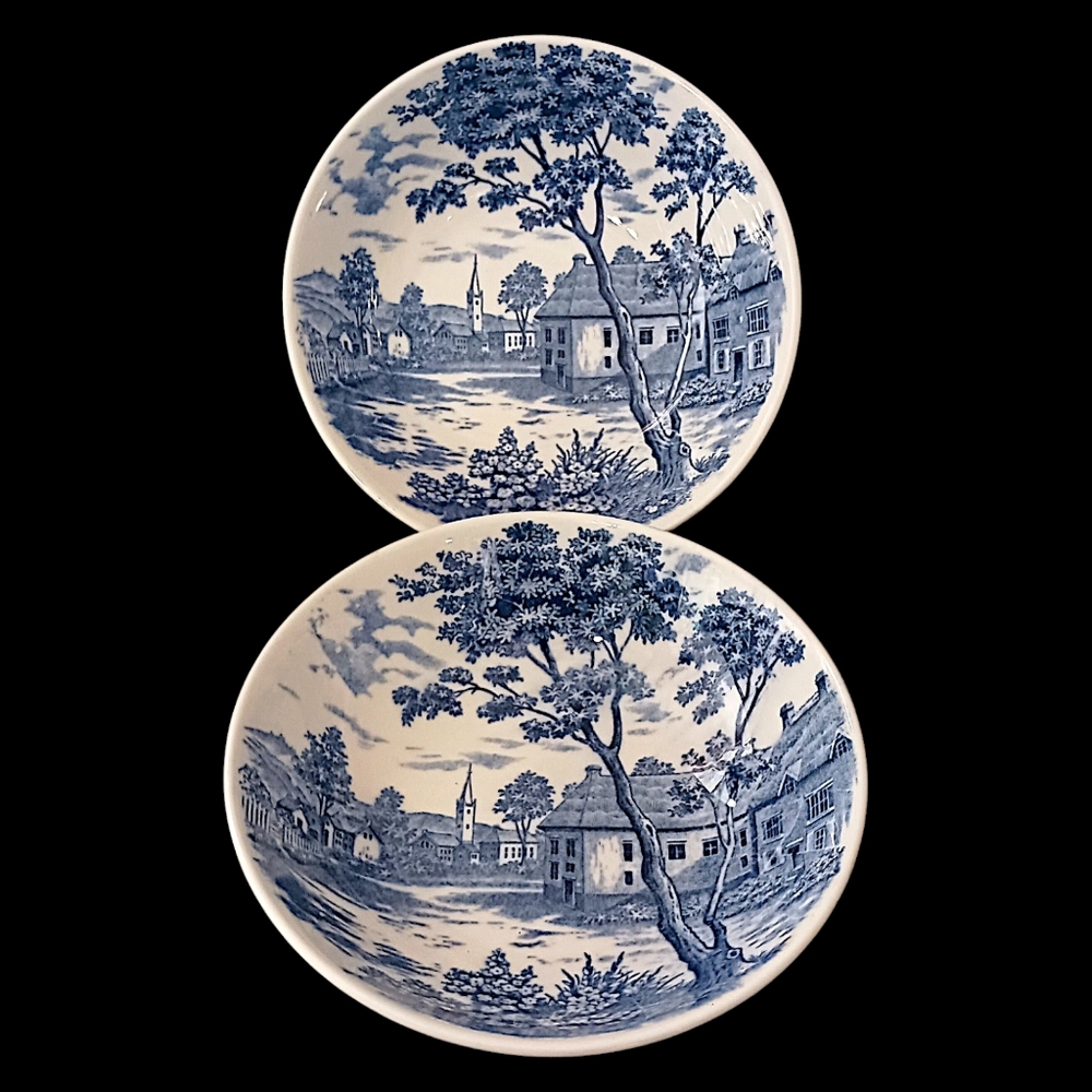 2 Holmar English Village Bowls Set Soup Cereal Berry Blue White Vintage Japan
